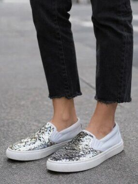 TORY BURCH white CARTER Silver Sequin Slip On Sneakers Shoes, 9